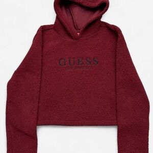 Guess burgundy cropped fleece hoodie in size L